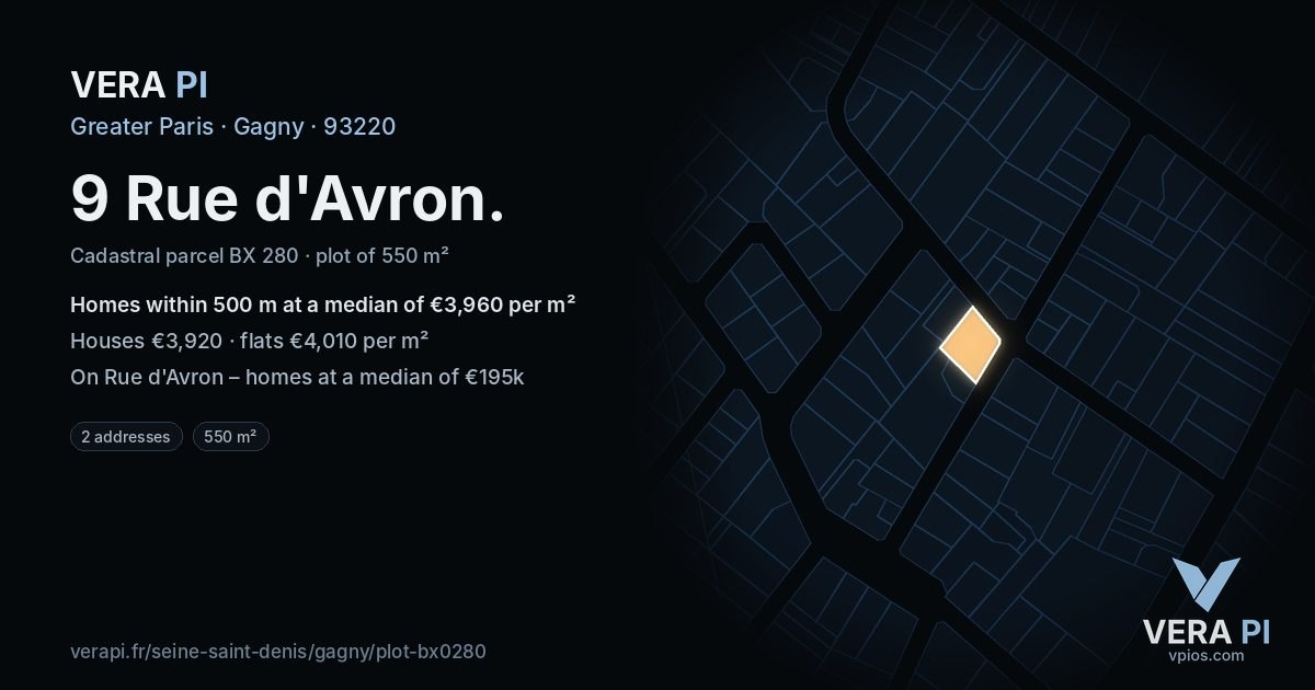 9 Rue d'Avron, Gagny at night – the plot lit, the parcels around coloured by the prices near them