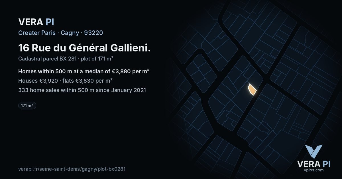 16 Rue du Général Gallieni, Gagny at night – the plot lit, the parcels around coloured by the prices near them