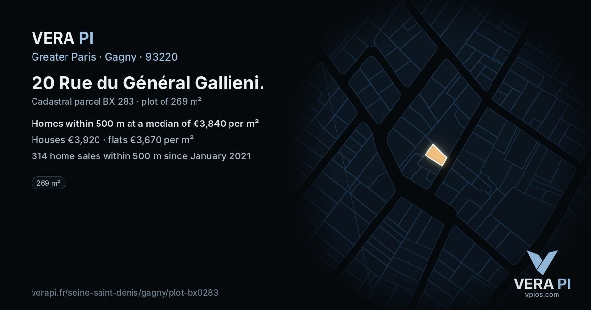 20 Rue du Général Gallieni, Gagny at night – the plot lit, the parcels around coloured by the prices near them