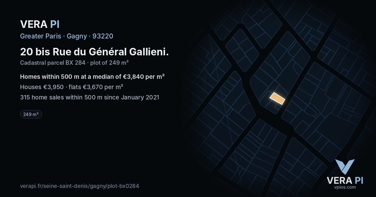 20 bis Rue du Général Gallieni, Gagny at night – the plot lit, the parcels around coloured by the prices near them
