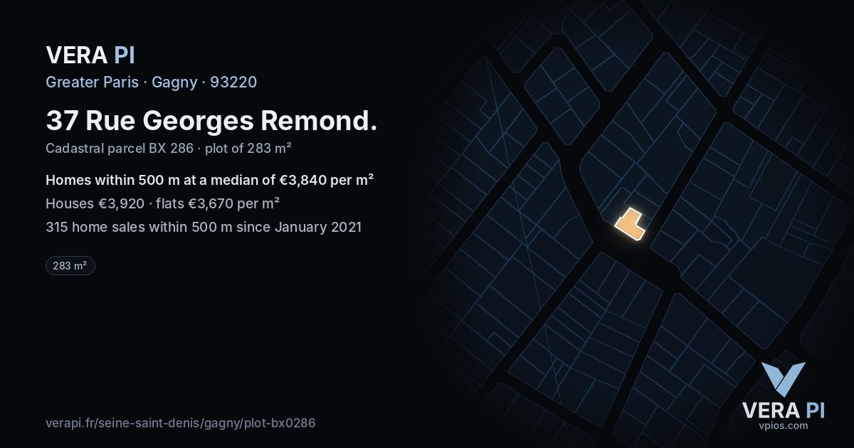 37 Rue Georges Remond, Gagny at night – the plot lit, the parcels around coloured by the prices near them