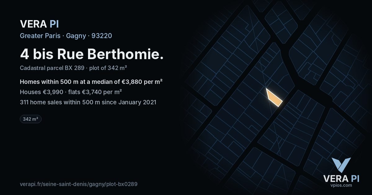 4 bis Rue Berthomie, Gagny at night – the plot lit, the parcels around coloured by the prices near them