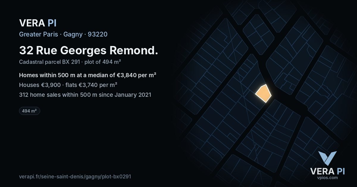 32 Rue Georges Remond, Gagny at night – the plot lit, the parcels around coloured by the prices near them