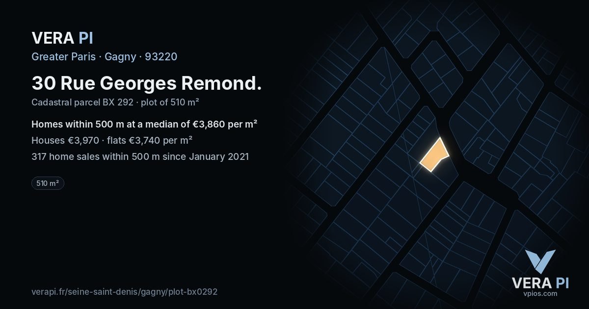 30 Rue Georges Remond, Gagny at night – the plot lit, the parcels around coloured by the prices near them
