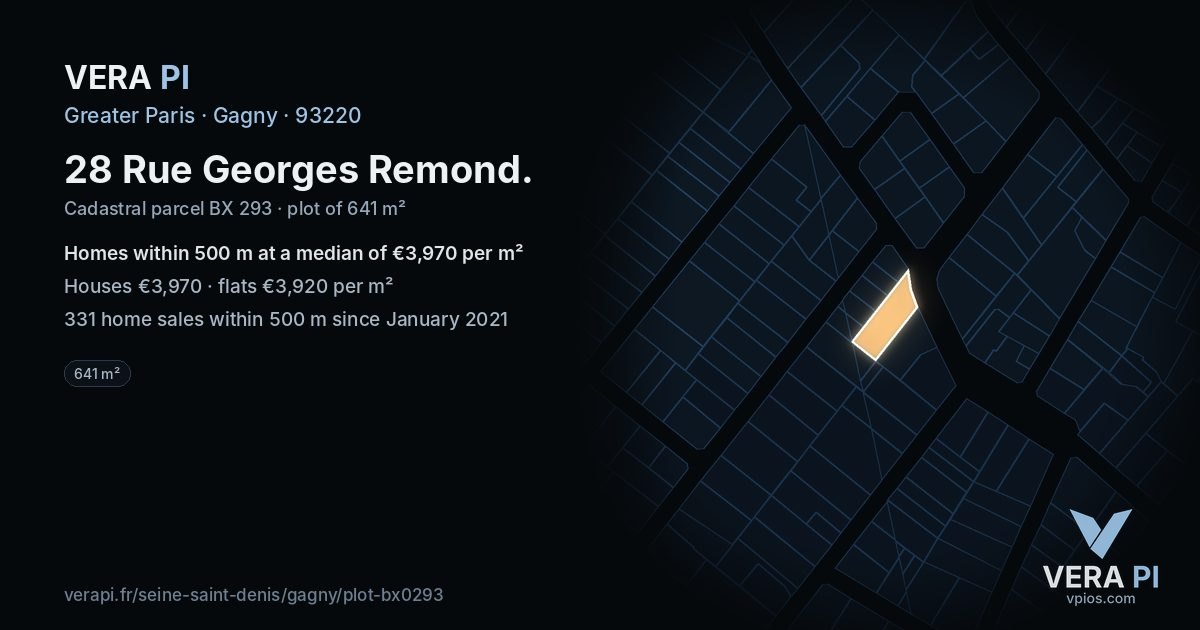28 Rue Georges Remond, Gagny at night – the plot lit, the parcels around coloured by the prices near them