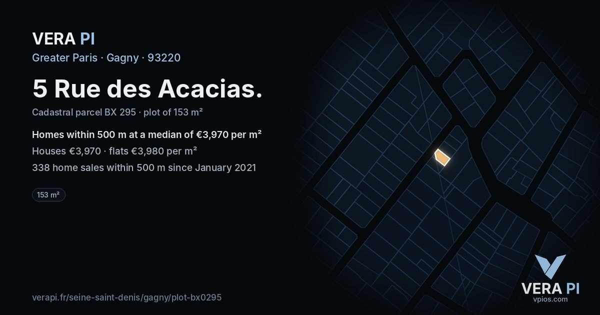 5 Rue des Acacias, Gagny at night – the plot lit, the parcels around coloured by the prices near them