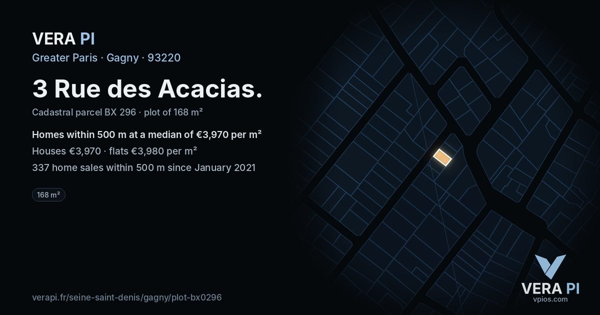 3 Rue des Acacias, Gagny at night – the plot lit, the parcels around coloured by the prices near them