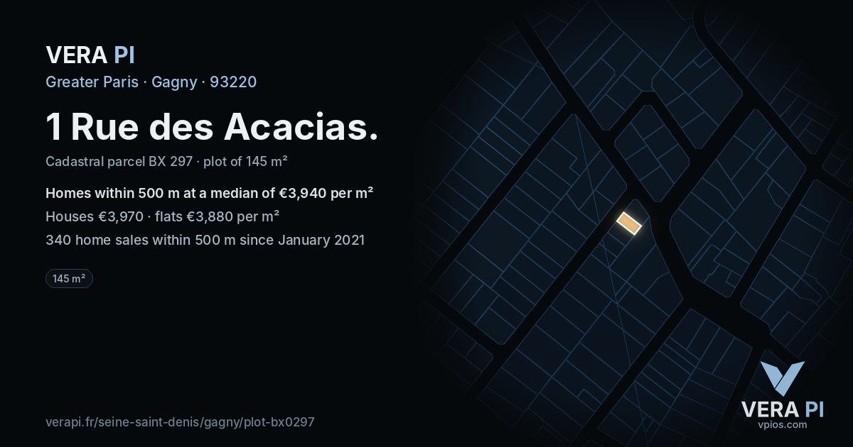 1 Rue des Acacias, Gagny at night – the plot lit, the parcels around coloured by the prices near them