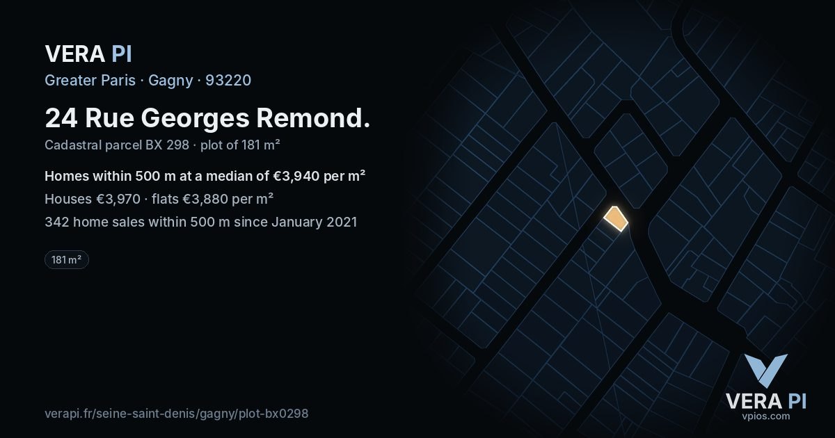 24 Rue Georges Remond, Gagny at night – the plot lit, the parcels around coloured by the prices near them
