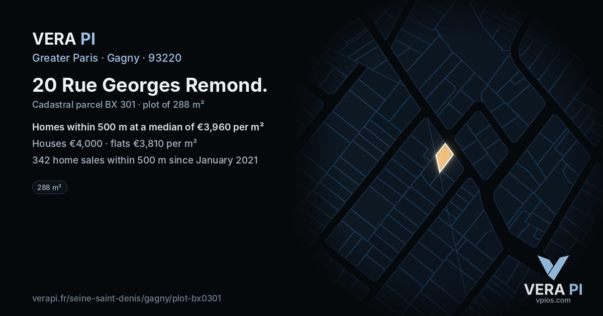 20 Rue Georges Remond, Gagny at night – the plot lit, the parcels around coloured by the prices near them