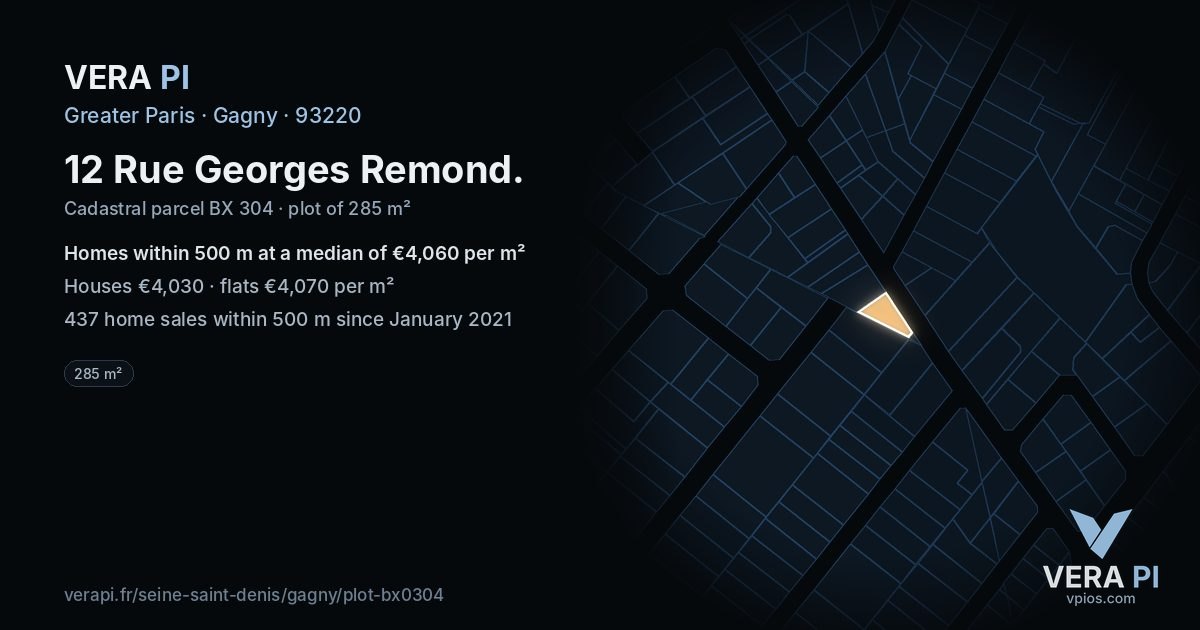 12 Rue Georges Remond, Gagny at night – the plot lit, the parcels around coloured by the prices near them