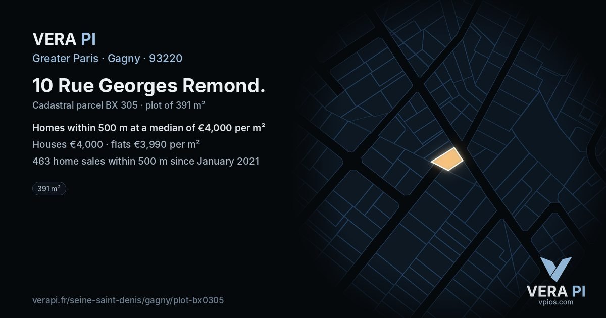 10 Rue Georges Remond, Gagny at night – the plot lit, the parcels around coloured by the prices near them