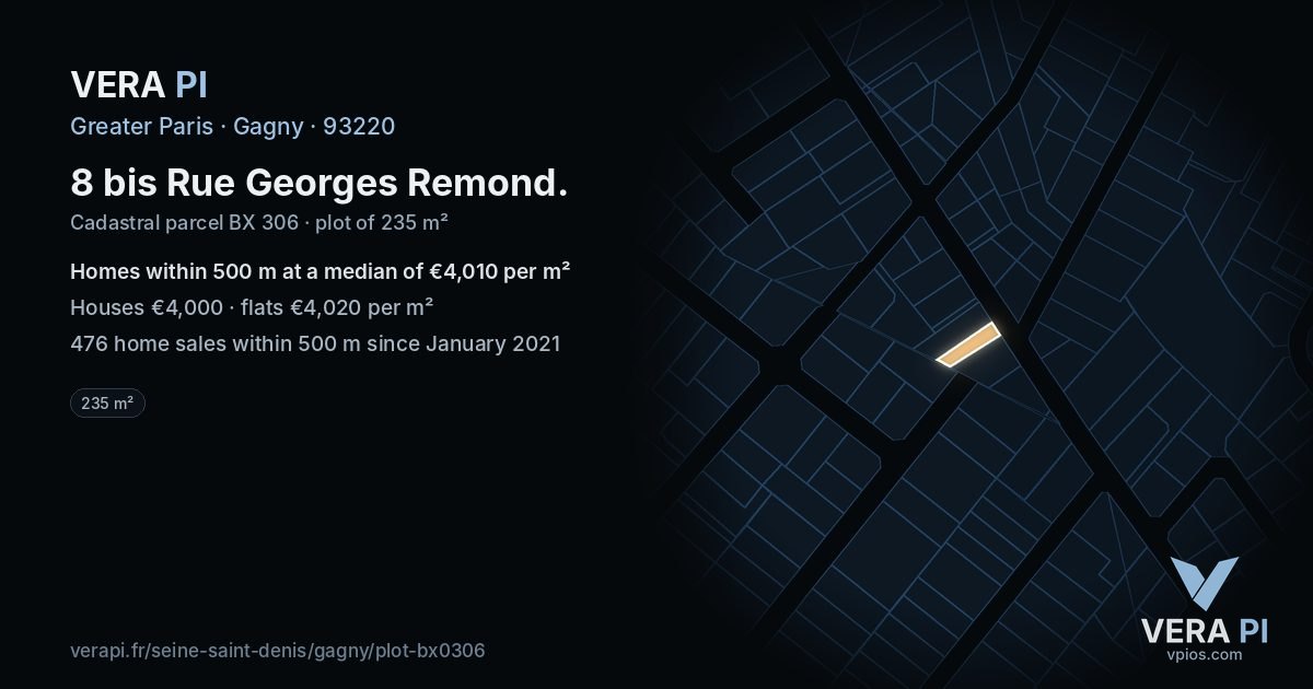 8 bis Rue Georges Remond, Gagny at night – the plot lit, the parcels around coloured by the prices near them