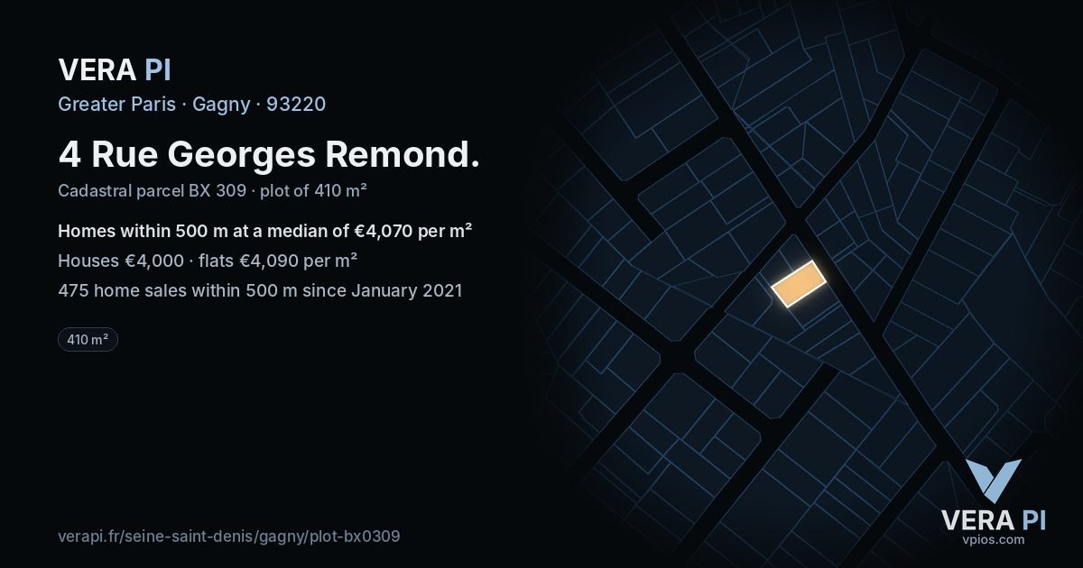 4 Rue Georges Remond, Gagny at night – the plot lit, the parcels around coloured by the prices near them