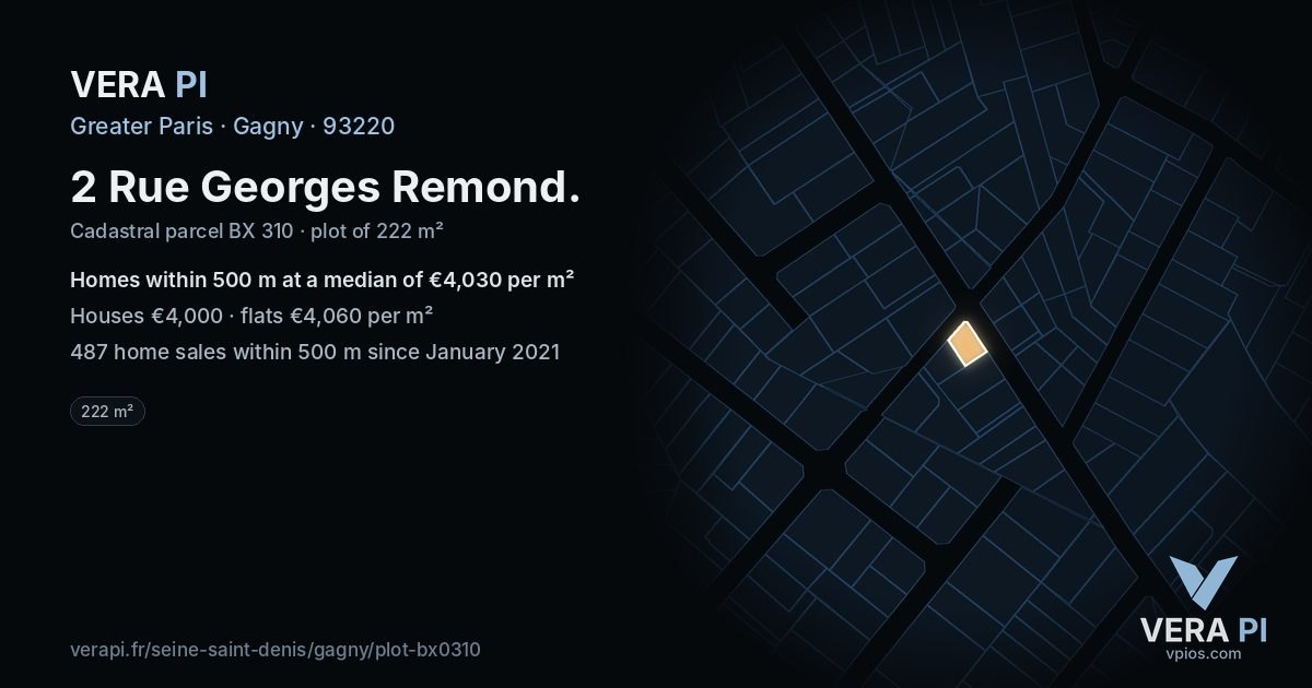2 Rue Georges Remond, Gagny at night – the plot lit, the parcels around coloured by the prices near them