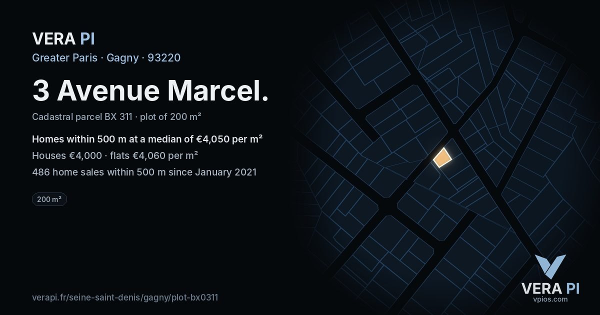 3 Avenue Marcel, Gagny at night – the plot lit, the parcels around coloured by the prices near them