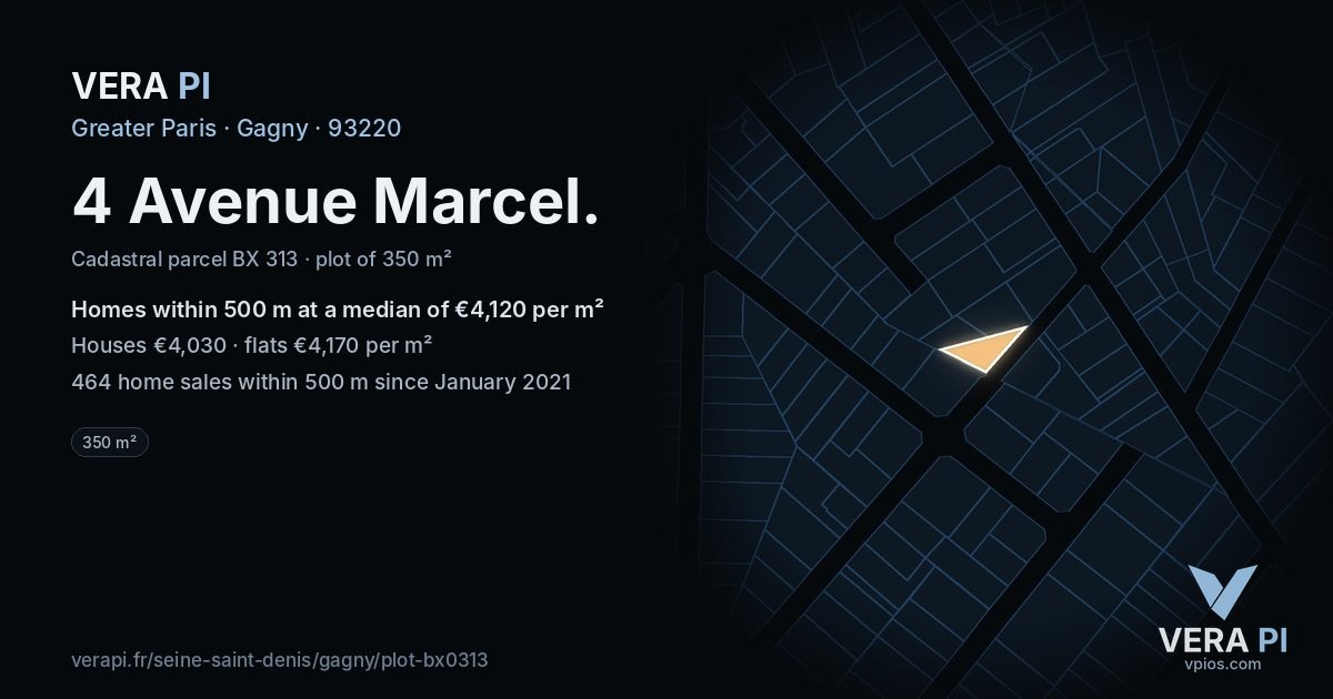 4 Avenue Marcel, Gagny at night – the plot lit, the parcels around coloured by the prices near them