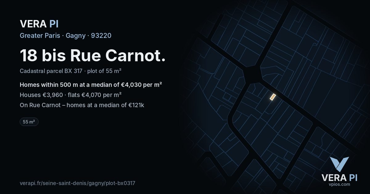 18 bis Rue Carnot, Gagny at night – the plot lit, the parcels around coloured by the prices near them