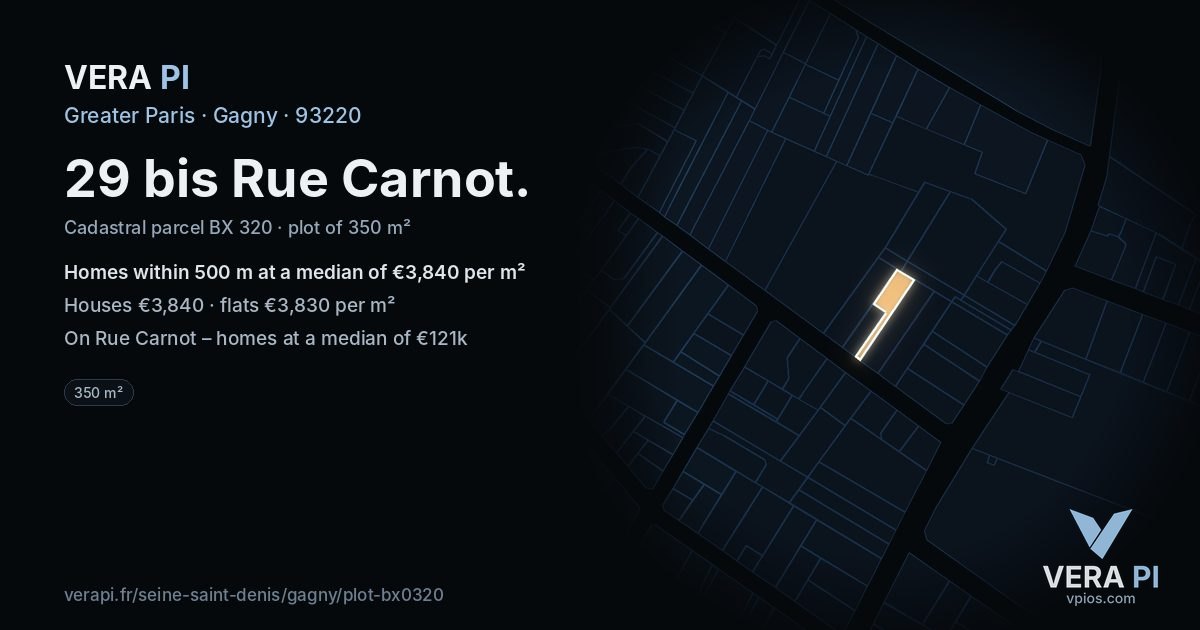 29 bis Rue Carnot, Gagny at night – the plot lit, the parcels around coloured by the prices near them