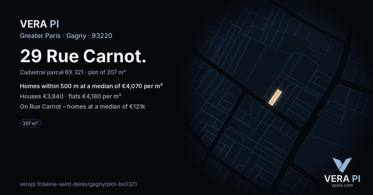 29 Rue Carnot, Gagny at night – the plot lit, the parcels around coloured by the prices near them