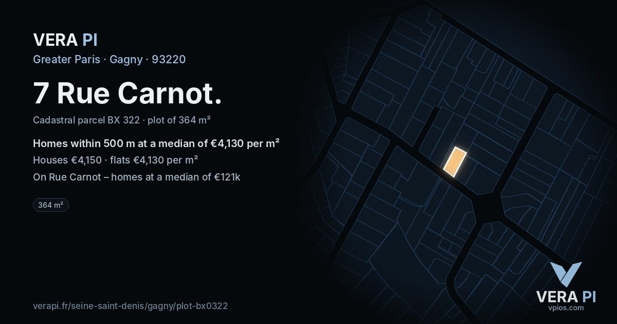7 Rue Carnot, Gagny at night – the plot lit, the parcels around coloured by the prices near them