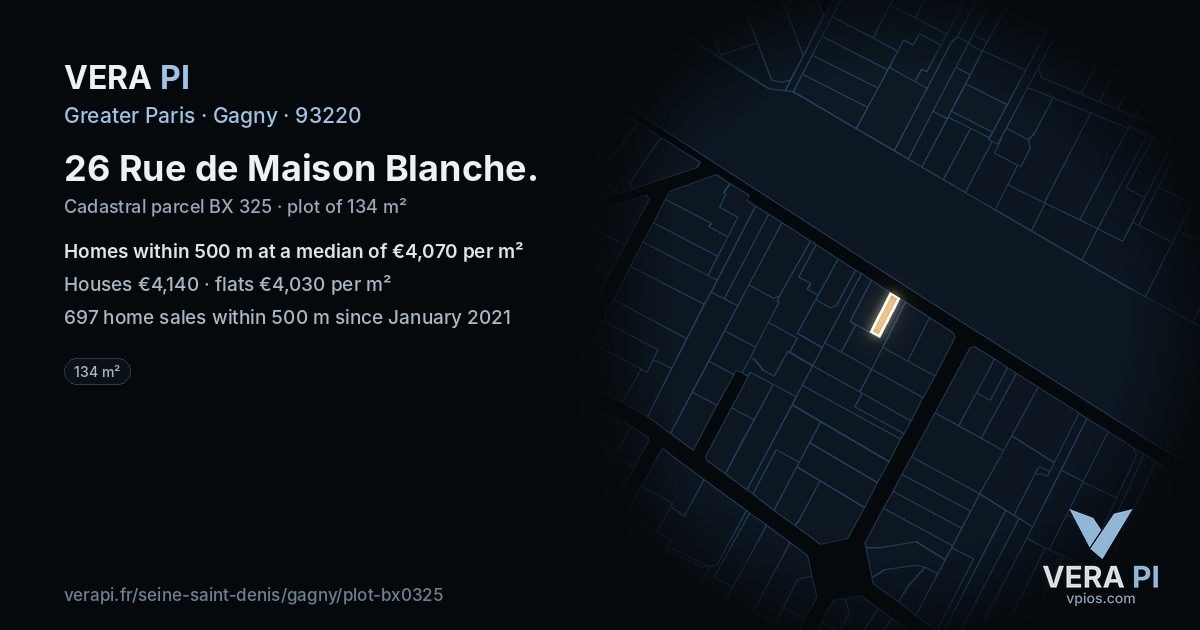 26 Rue de Maison Blanche, Gagny at night – the plot lit, the parcels around coloured by the prices near them