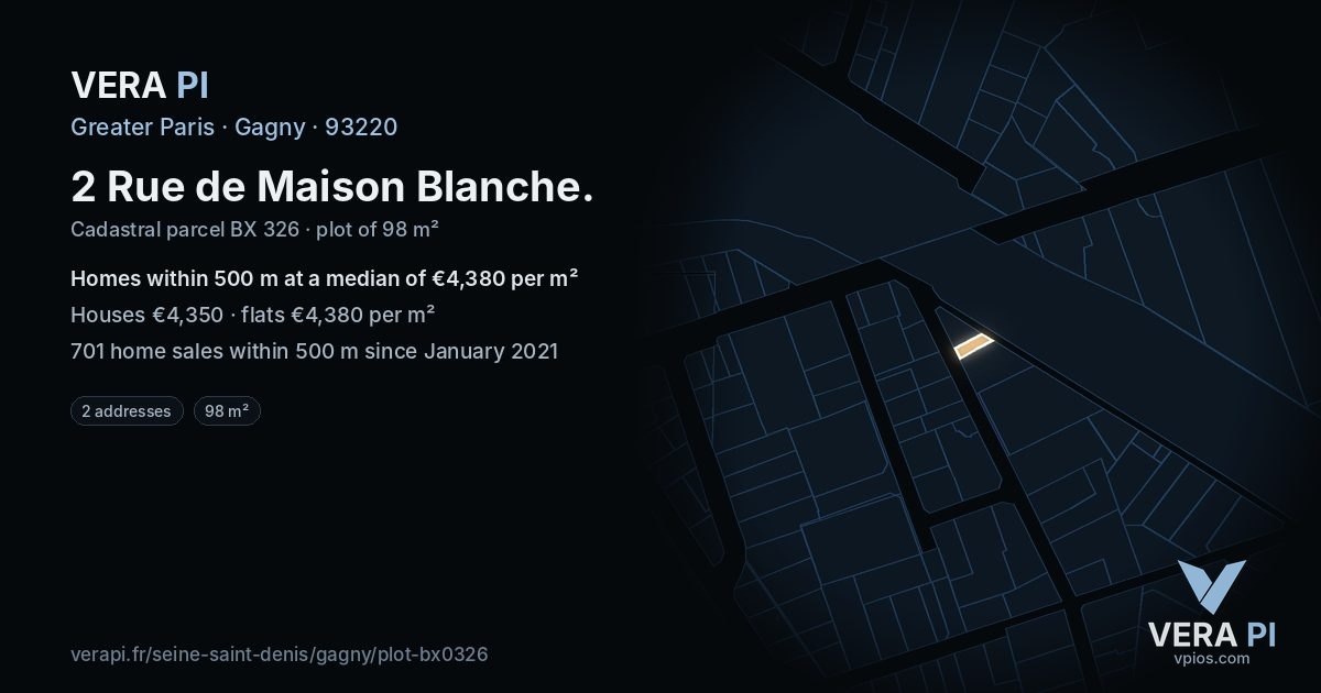 2 Rue de Maison Blanche, Gagny at night – the plot lit, the parcels around coloured by the prices near them