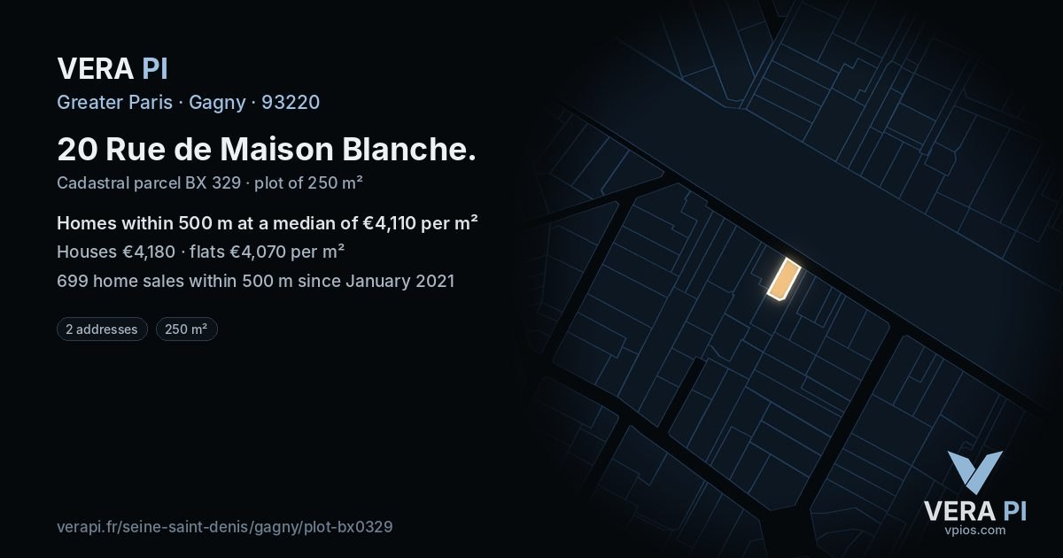 20 Rue de Maison Blanche, Gagny at night – the plot lit, the parcels around coloured by the prices near them