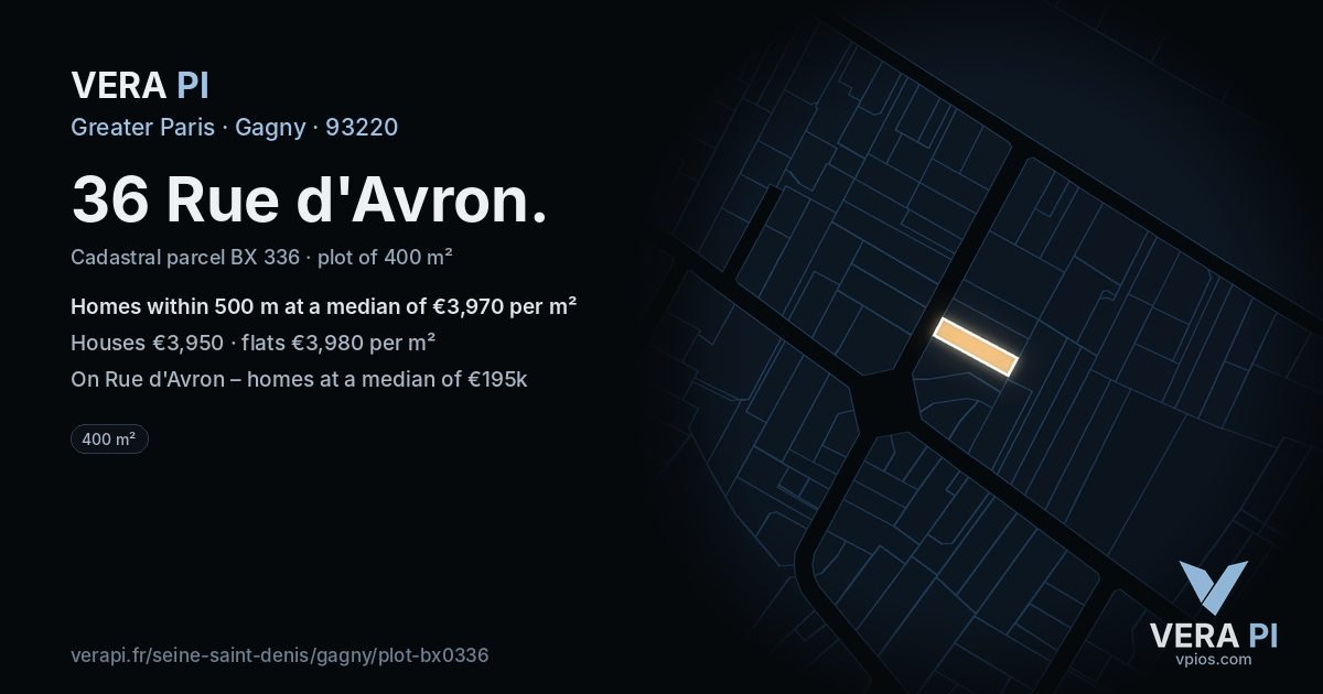 36 Rue d'Avron, Gagny at night – the plot lit, the parcels around coloured by the prices near them