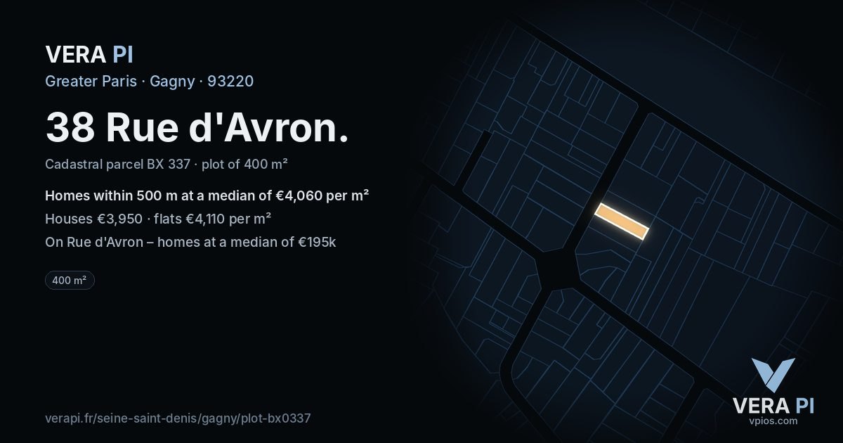 38 Rue d'Avron, Gagny at night – the plot lit, the parcels around coloured by the prices near them