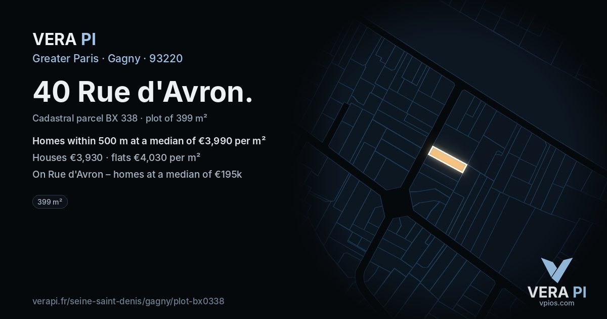 40 Rue d'Avron, Gagny at night – the plot lit, the parcels around coloured by the prices near them