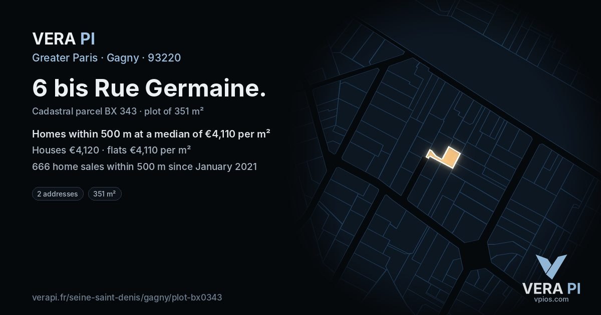 6 bis Rue Germaine, Gagny at night – the plot lit, the parcels around coloured by the prices near them