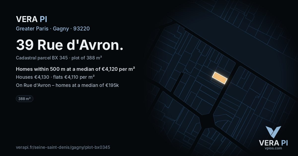 39 Rue d'Avron, Gagny at night – the plot lit, the parcels around coloured by the prices near them
