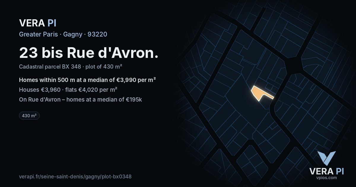 23 bis Rue d'Avron, Gagny at night – the plot lit, the parcels around coloured by the prices near them