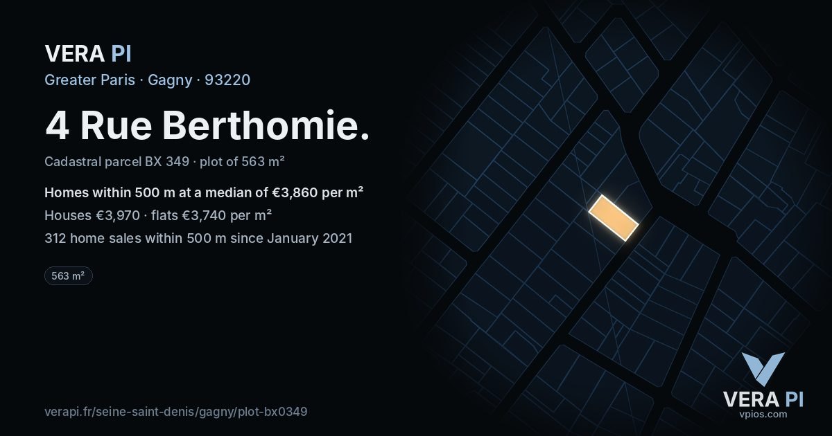 4 Rue Berthomie, Gagny at night – the plot lit, the parcels around coloured by the prices near them