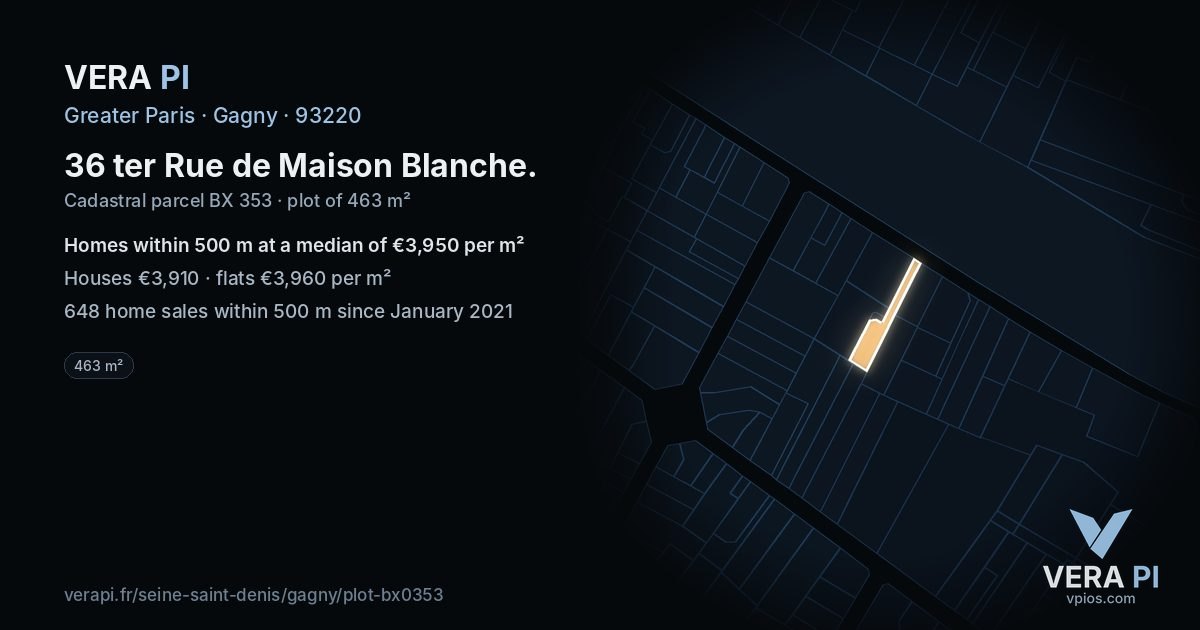 36 ter Rue de Maison Blanche, Gagny at night – the plot lit, the parcels around coloured by the prices near them