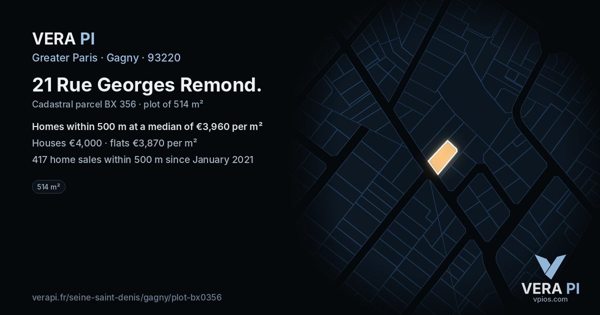 21 Rue Georges Remond, Gagny at night – the plot lit, the parcels around coloured by the prices near them