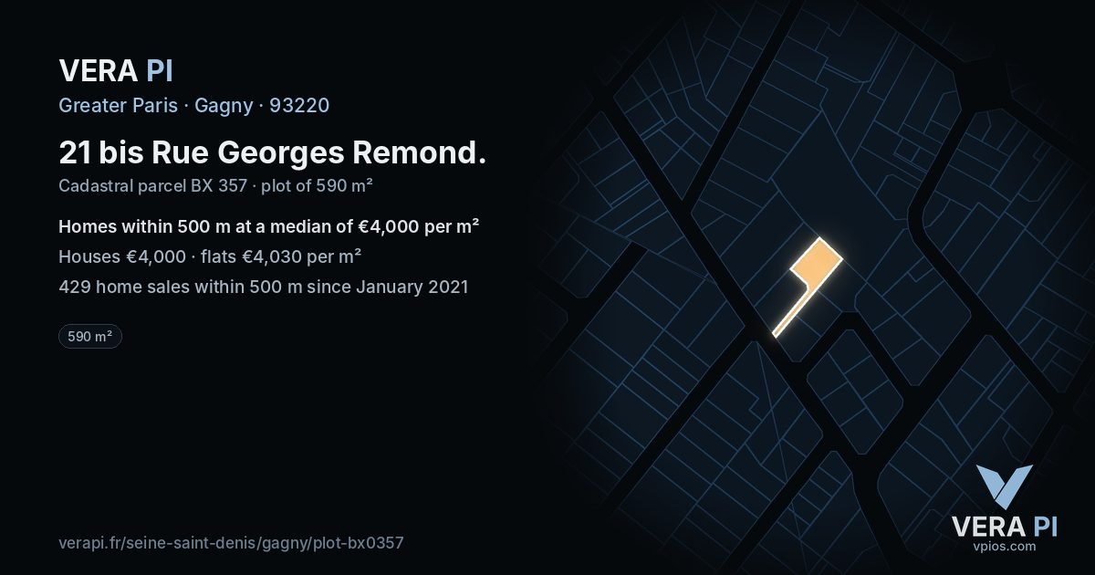 21 bis Rue Georges Remond, Gagny at night – the plot lit, the parcels around coloured by the prices near them