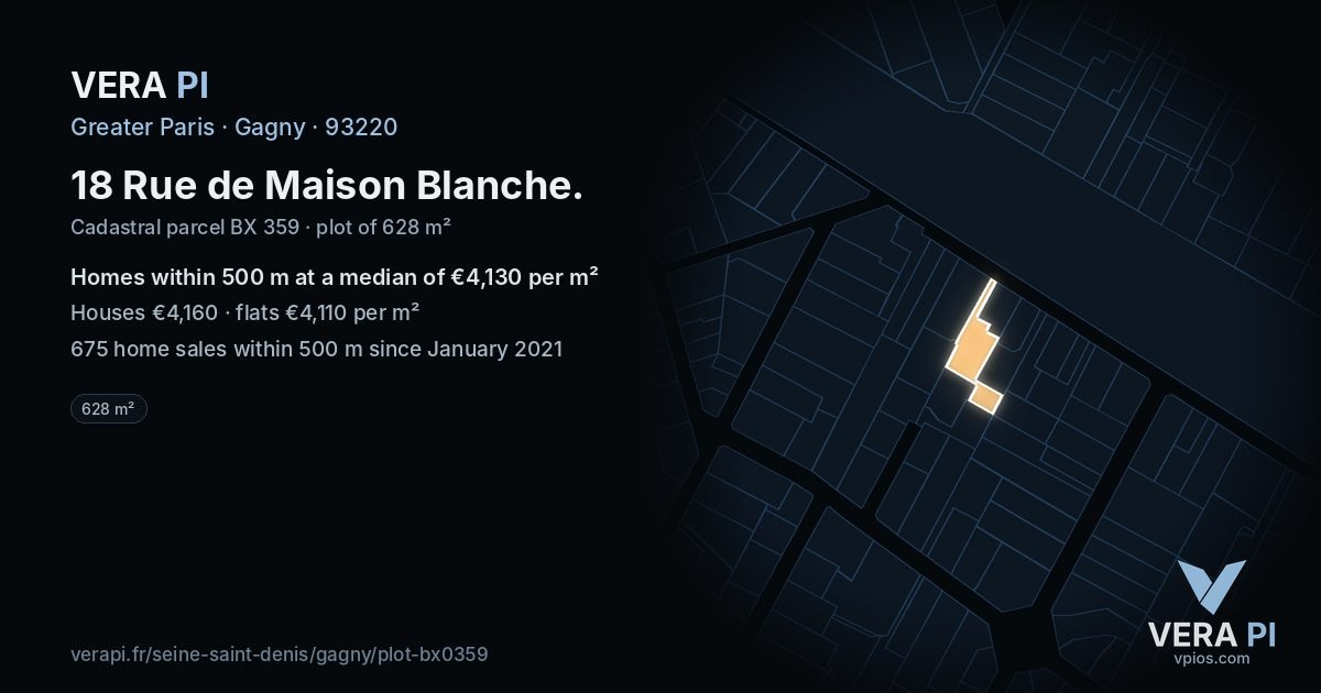 18 Rue de Maison Blanche, Gagny at night – the plot lit, the parcels around coloured by the prices near them