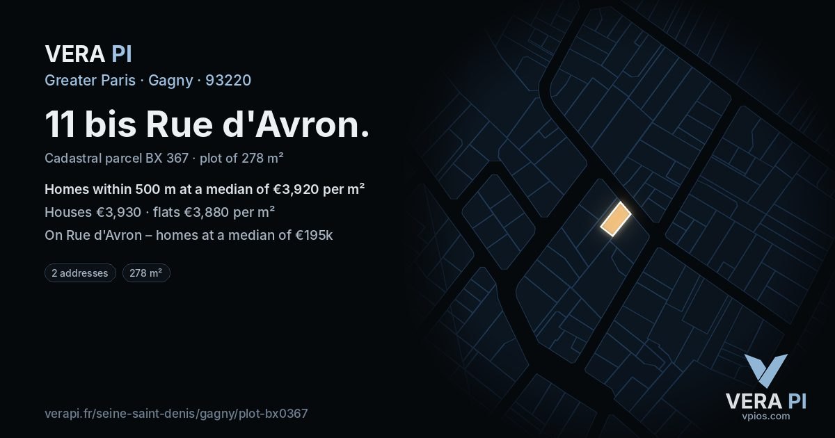 11 bis Rue d'Avron, Gagny at night – the plot lit, the parcels around coloured by the prices near them