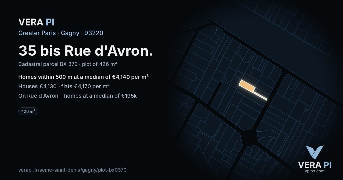 35 bis Rue d'Avron, Gagny at night – the plot lit, the parcels around coloured by the prices near them