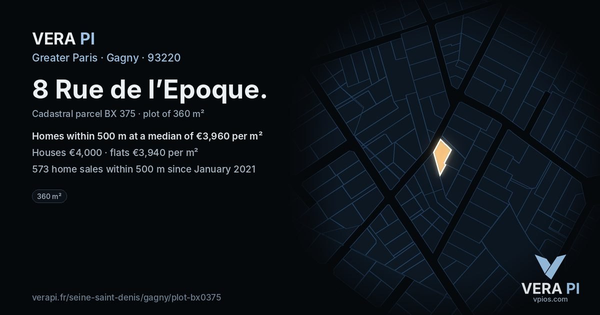 8 Rue de l’Epoque, Gagny at night – the plot lit, the parcels around coloured by the prices near them