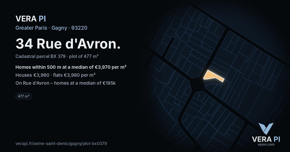 34 Rue d'Avron, Gagny at night – the plot lit, the parcels around coloured by the prices near them