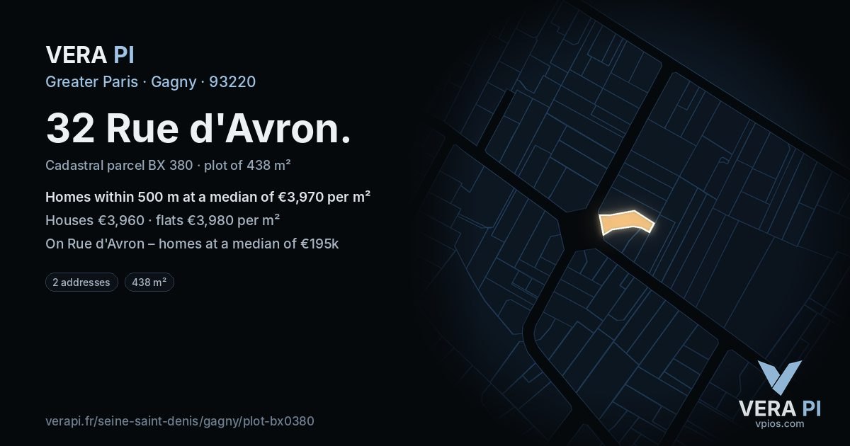 32 Rue d'Avron, Gagny at night – the plot lit, the parcels around coloured by the prices near them