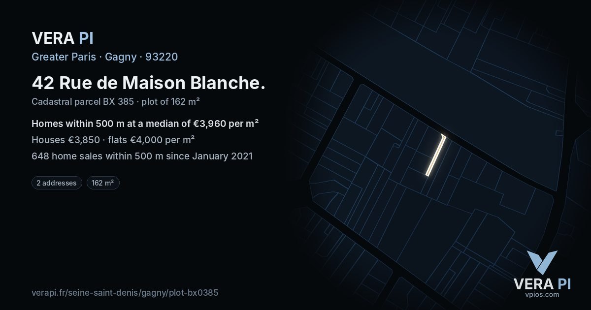 42 Rue de Maison Blanche, Gagny at night – the plot lit, the parcels around coloured by the prices near them
