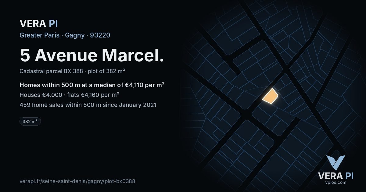 5 Avenue Marcel, Gagny at night – the plot lit, the parcels around coloured by the prices near them