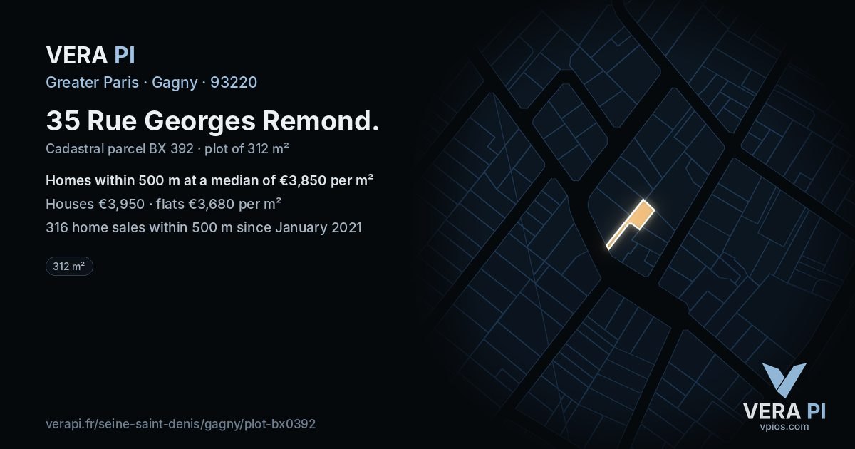 35 Rue Georges Remond, Gagny at night – the plot lit, the parcels around coloured by the prices near them