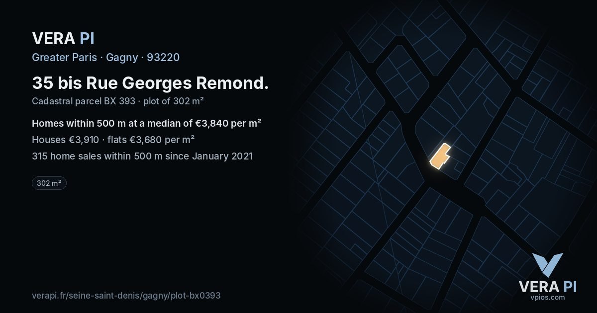 35 bis Rue Georges Remond, Gagny at night – the plot lit, the parcels around coloured by the prices near them