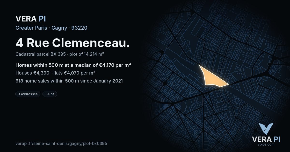 4 Rue Clemenceau, Gagny at night – the plot lit, the parcels around coloured by the prices near them