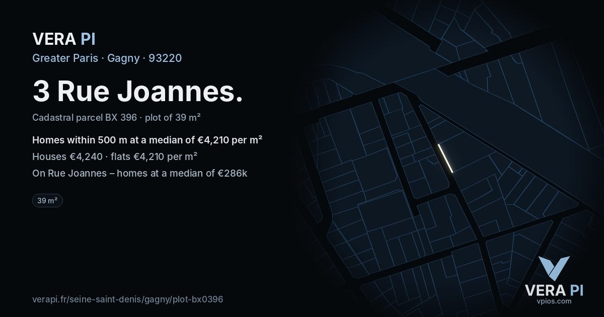 3 Rue Joannes, Gagny at night – the plot lit, the parcels around coloured by the prices near them